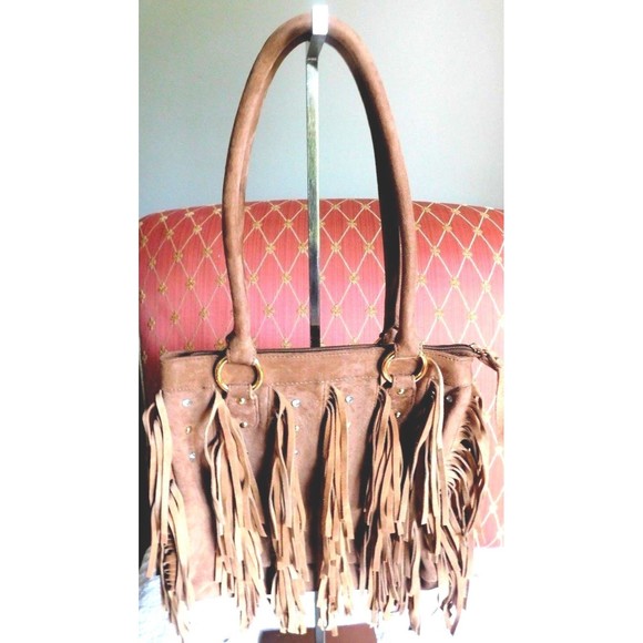 Hot in Hollywood Brown Suede Fringe Shoulder/Hand Bag Purse w/ Studs - Picture 1 of 8